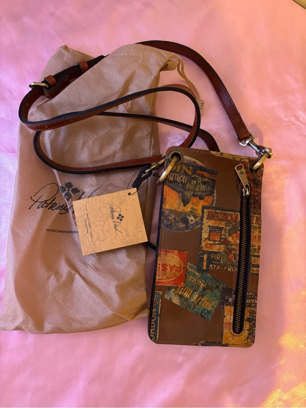 Patricia Nash Brown Leather Vintage Collage Crossbody Wallet